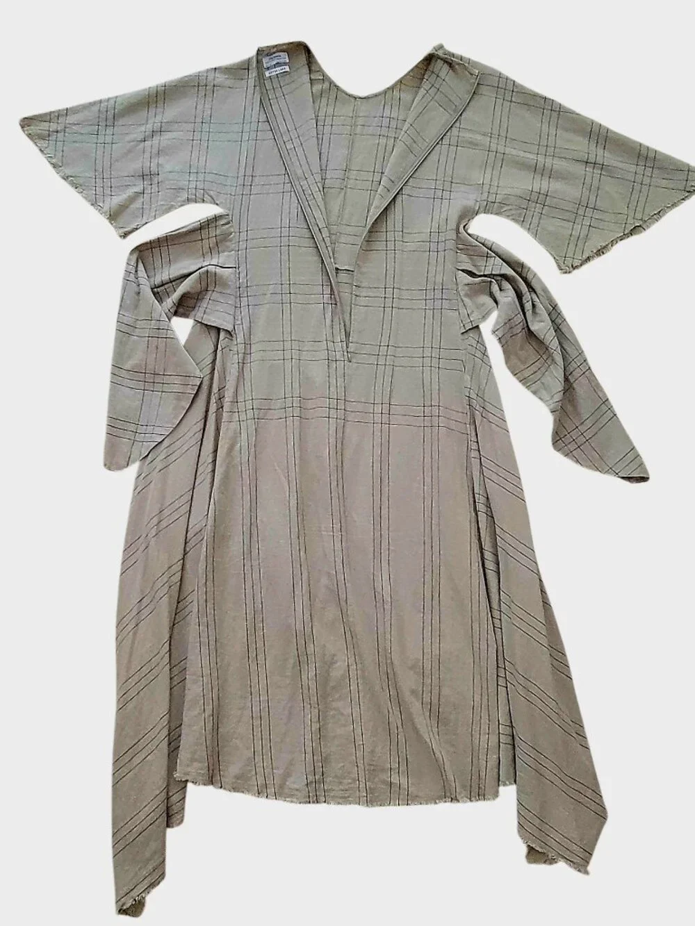 Zara Sage Green Linen Cotton Hi Low Hem Tie Dress Boho Lagenlook Plaid Stripe - Picture 5 of 11